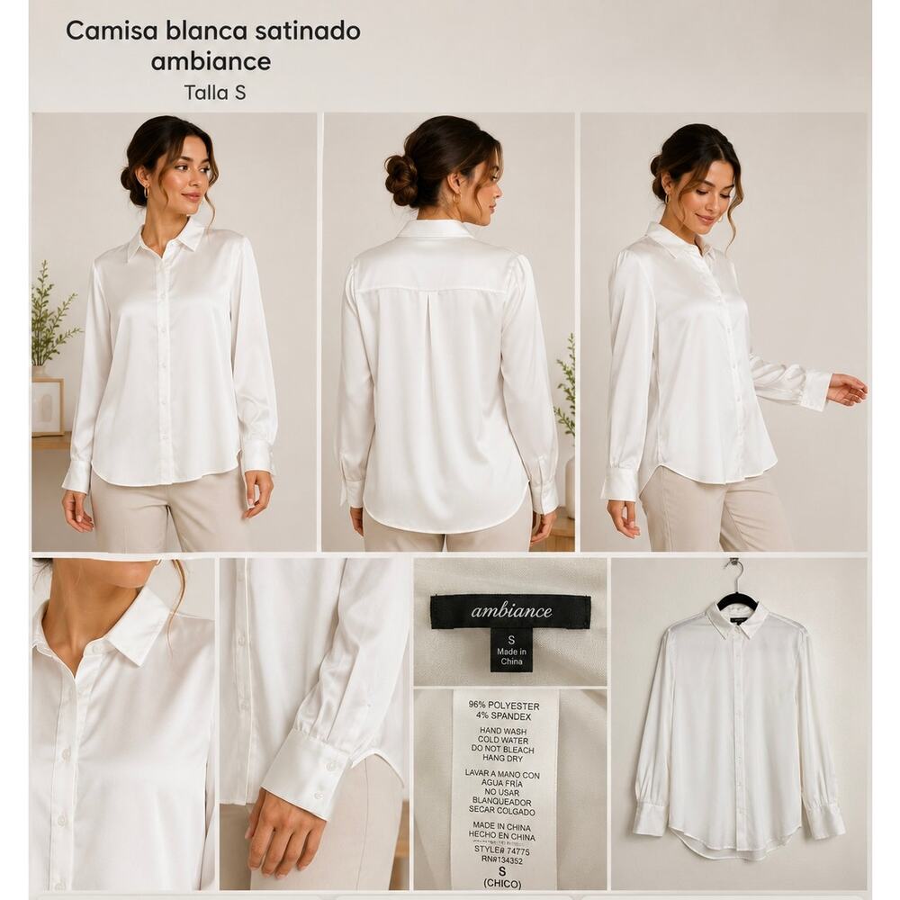 Ambiance White Satin Button Front Blouse Women's Size S Long Sleeve Office